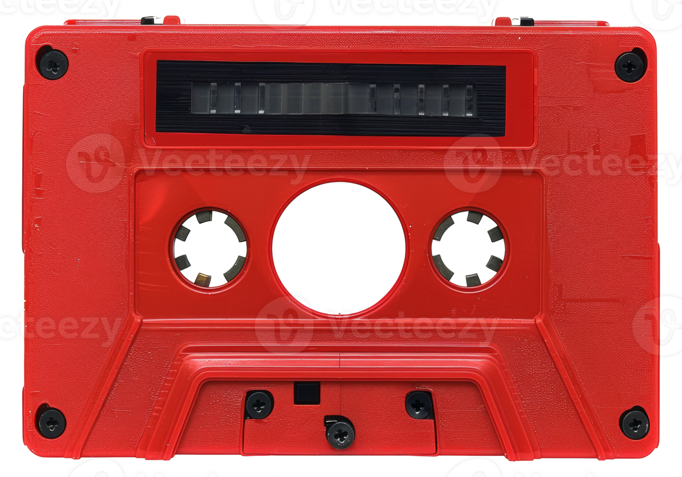 A red plastic cassette tape with a black label - stock .. png
