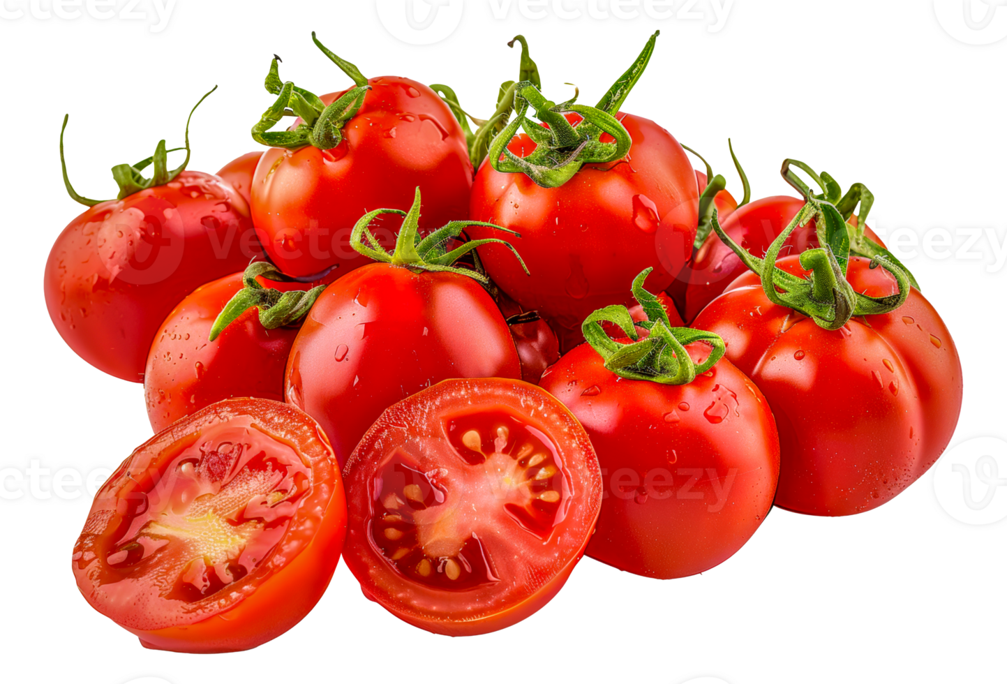 A bunch of ripe red tomatoes with one of them cut in half - stock .. png