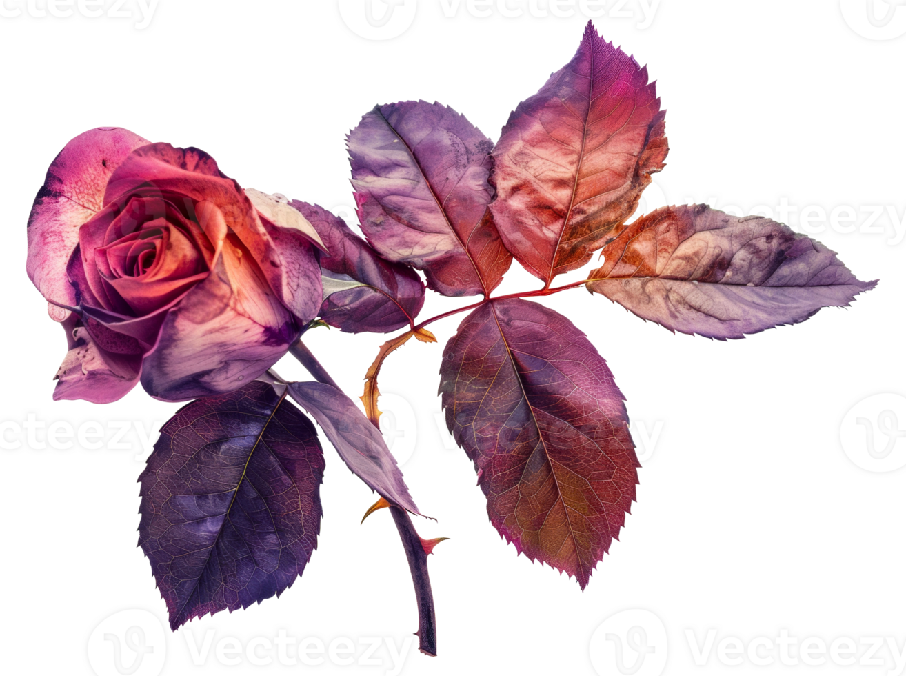 A rose with purple leaves and a stem - stock .. png