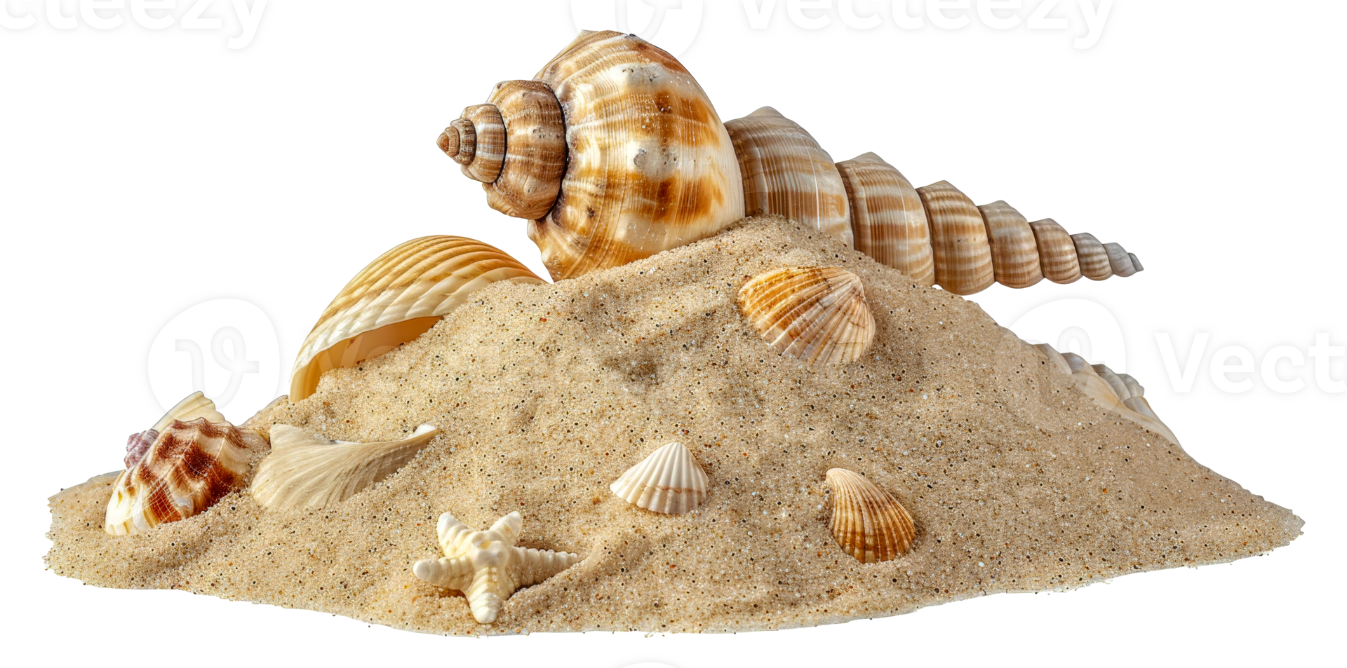 A pile of seashells on a sandy beach - stock .. png