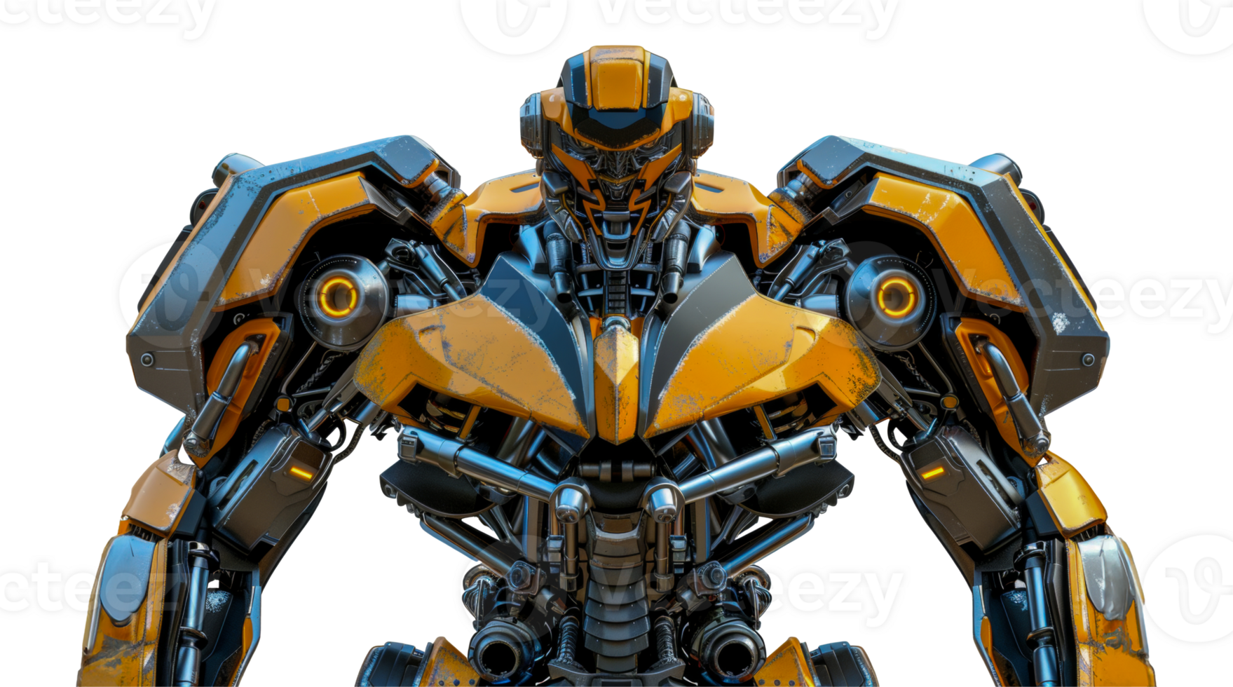 A yellow robot with a black face stands - stock .. png