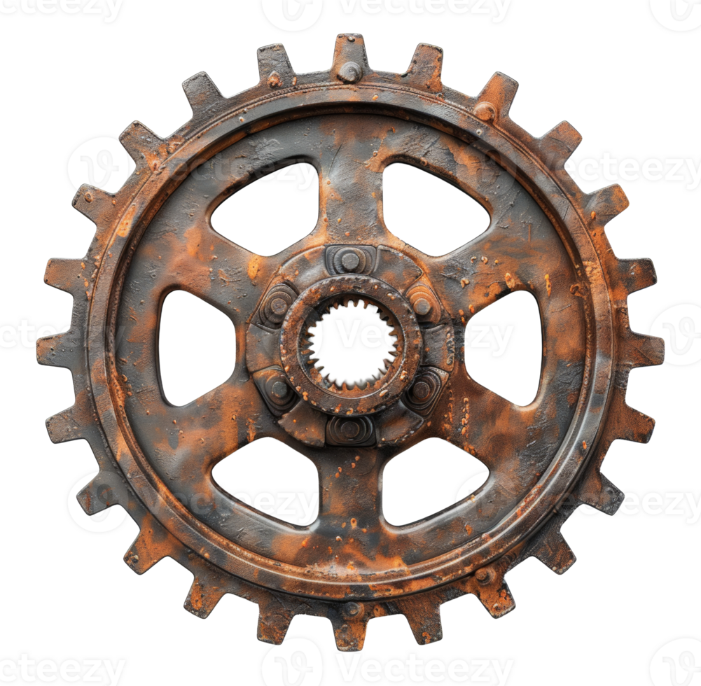 Rusty industrial gear with aged metallic texture on transparent background - stock .. png