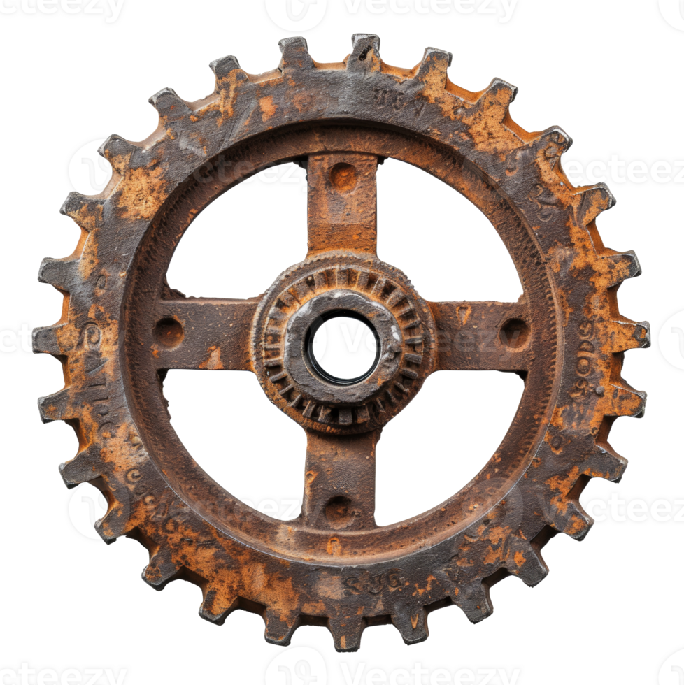 Rusty industrial gear with aged metallic texture on transparent background - stock .. png