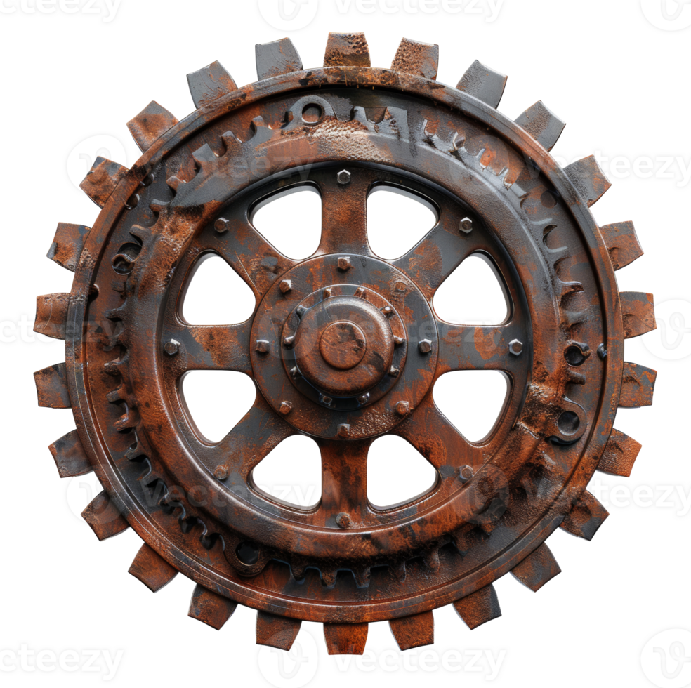 Rusty industrial gear with aged metallic texture on transparent background - stock .. png