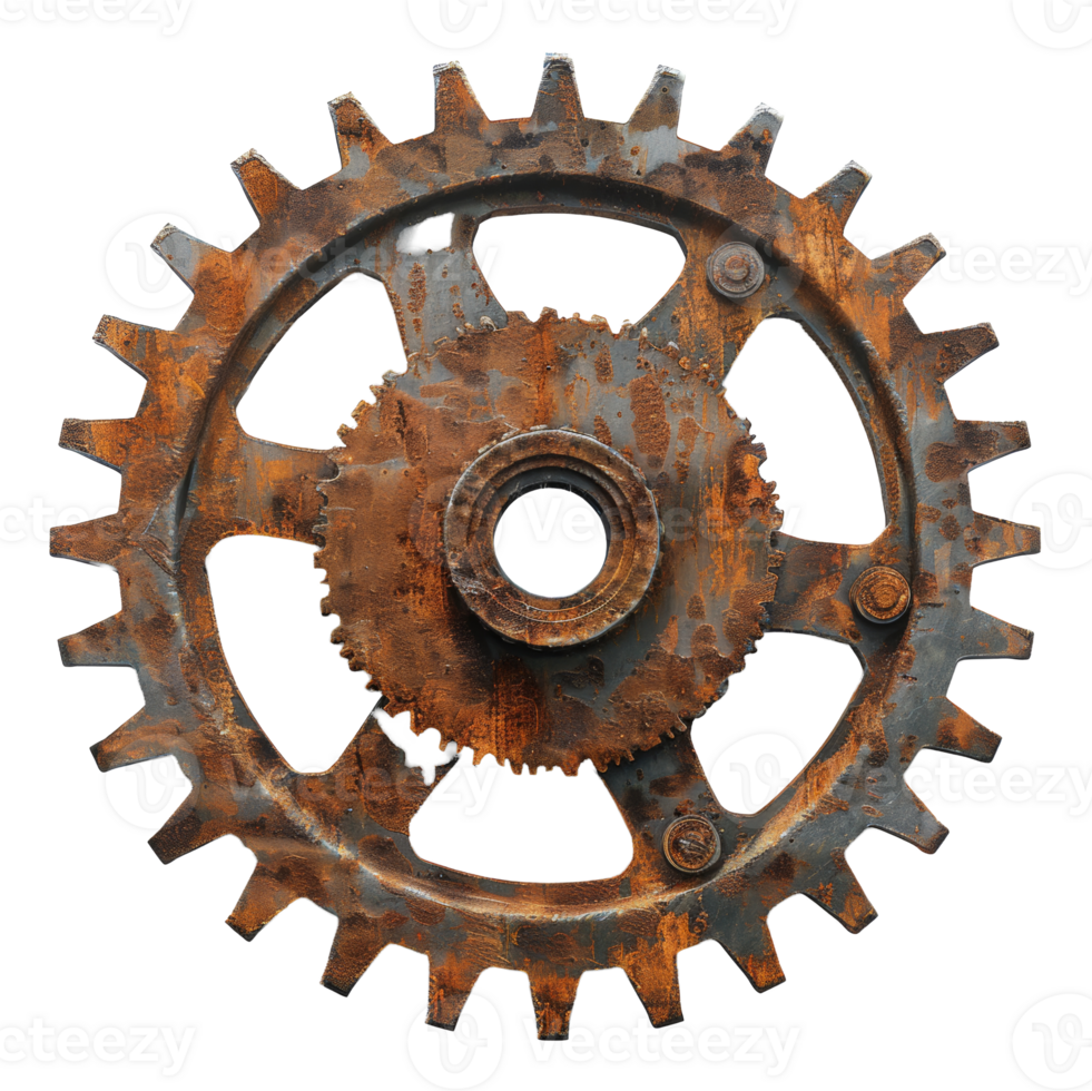 Rusty industrial gear with aged metallic texture on transparent background - stock .. png