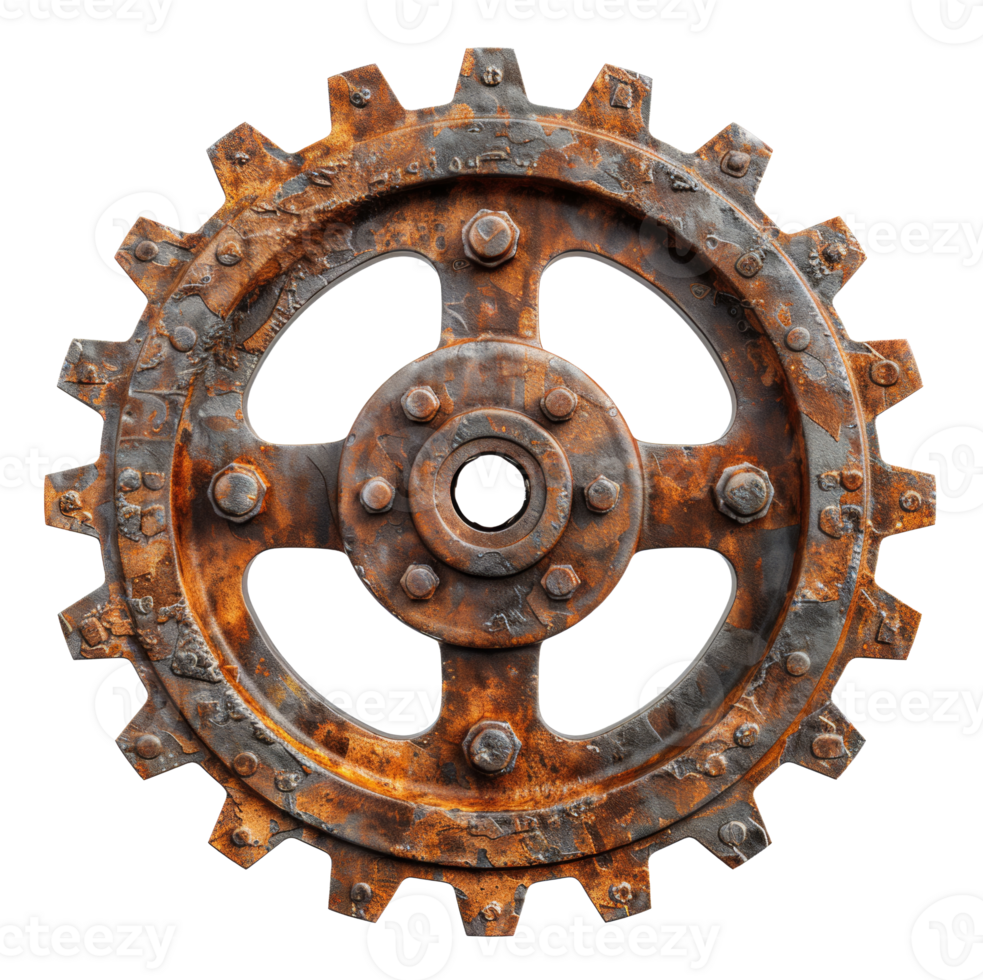 Rusty industrial gear with aged metallic texture on transparent background - stock .. png