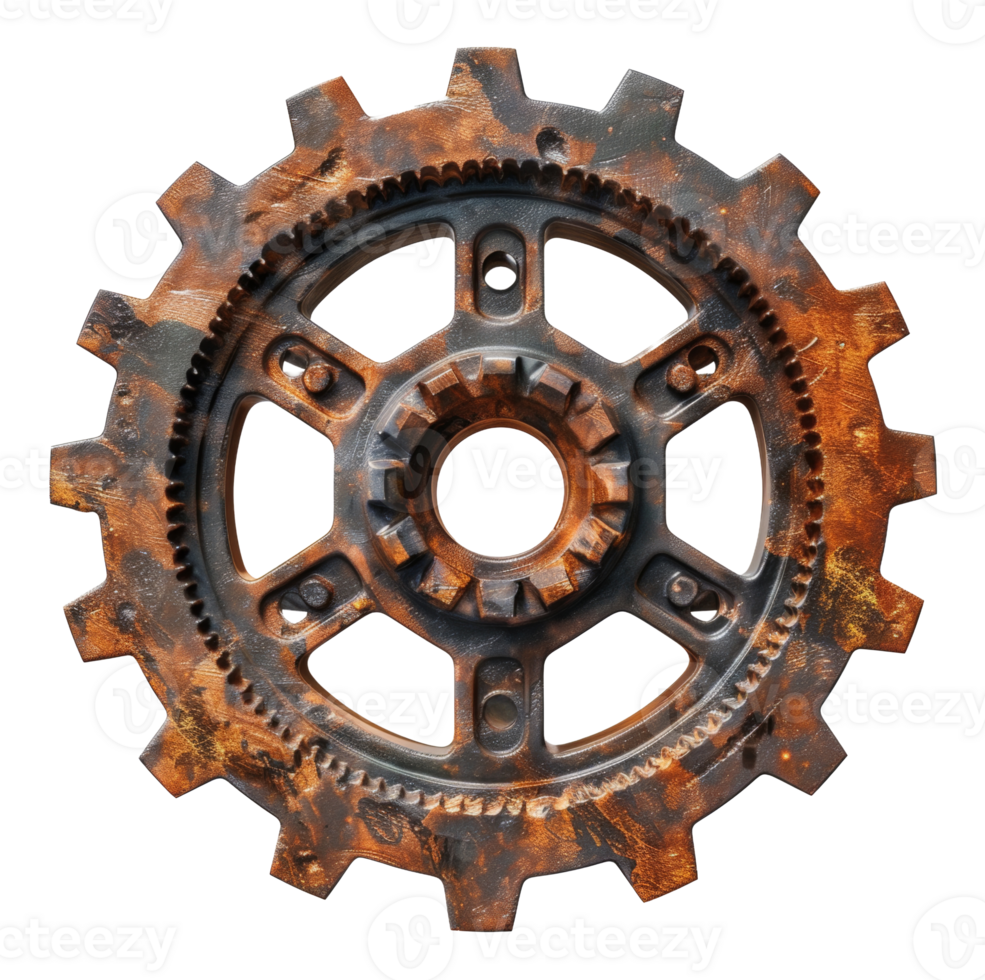 Rusty industrial gear with aged metallic texture on transparent background - stock .. png