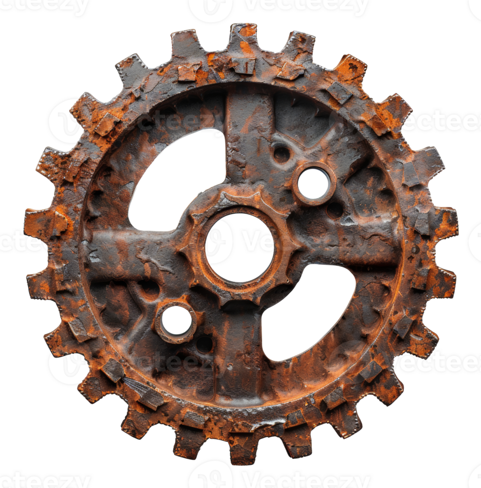 Rusty industrial gear with aged metallic texture on transparent background - stock .. png