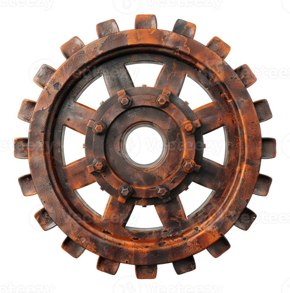 Rusty industrial gear with aged metallic texture on transparent background - stock .. png