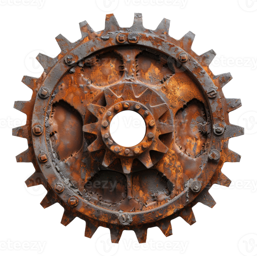 Rusty industrial gear with aged metallic texture on transparent background - stock .. png