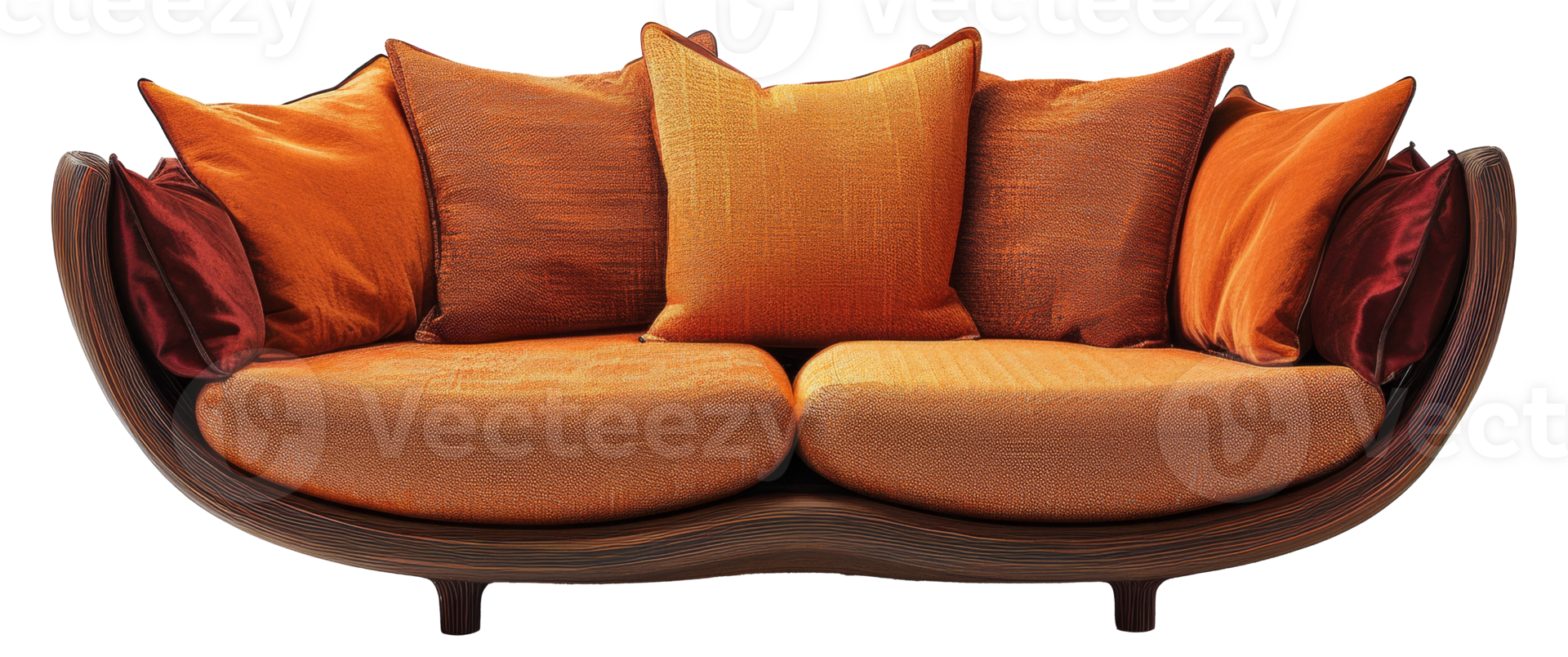 A large orange couch with pillows on it - stock .. png