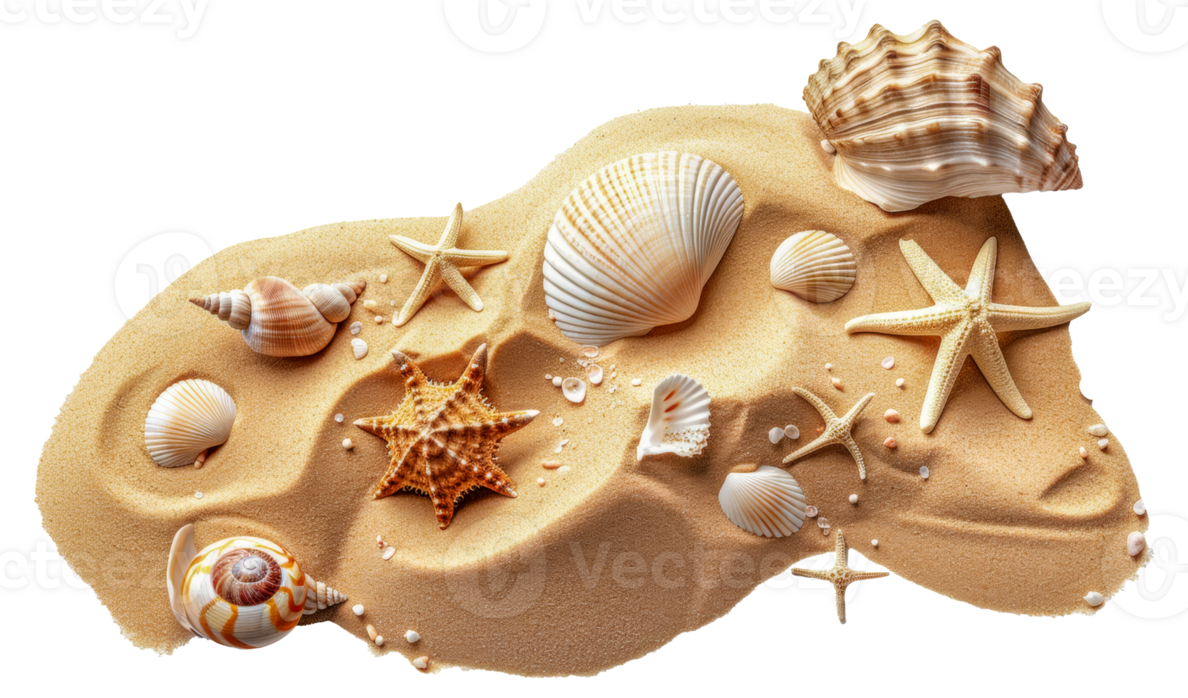 A beach scene with shells and starfish scattered across the sand - stock .. png