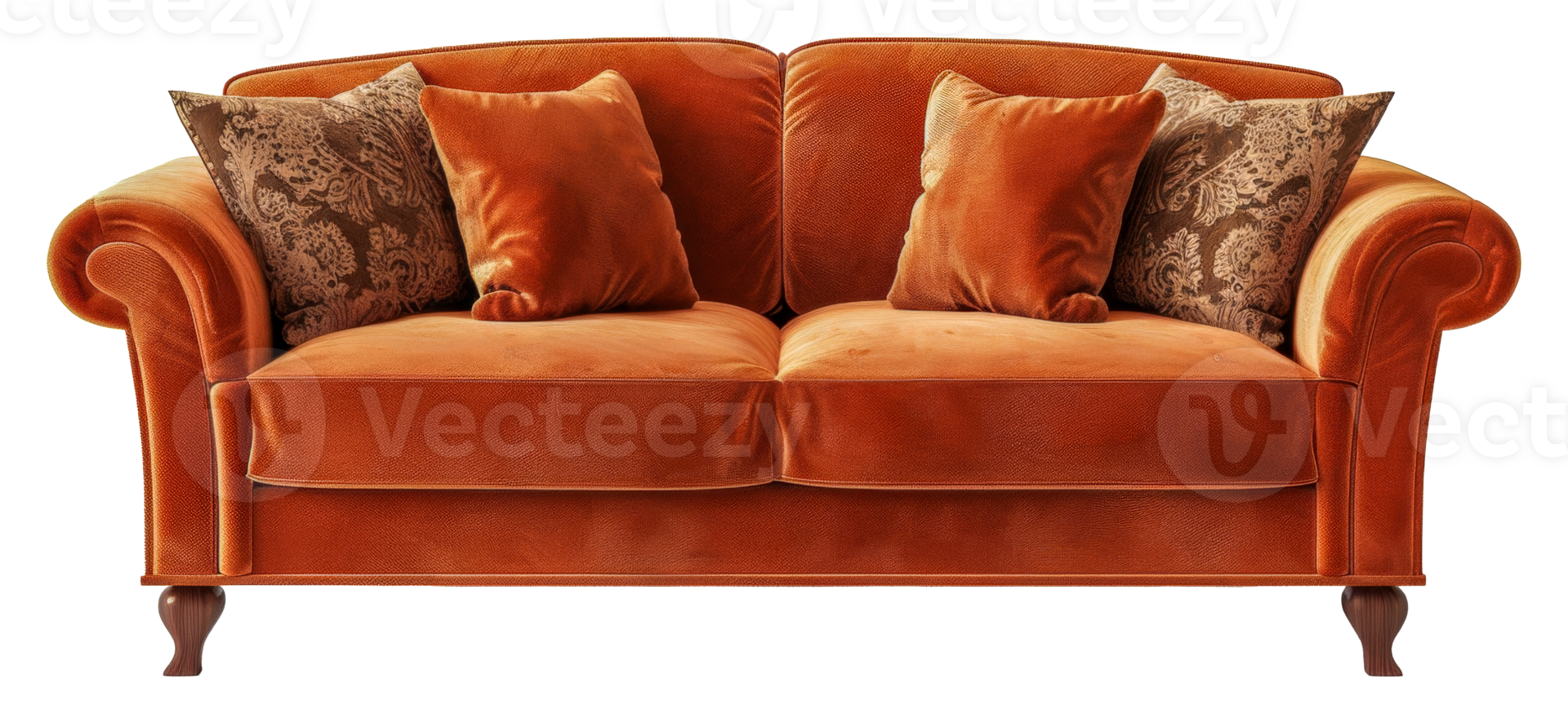 A large orange couch with brown pillows and a brown and white pattern - stock .. png
