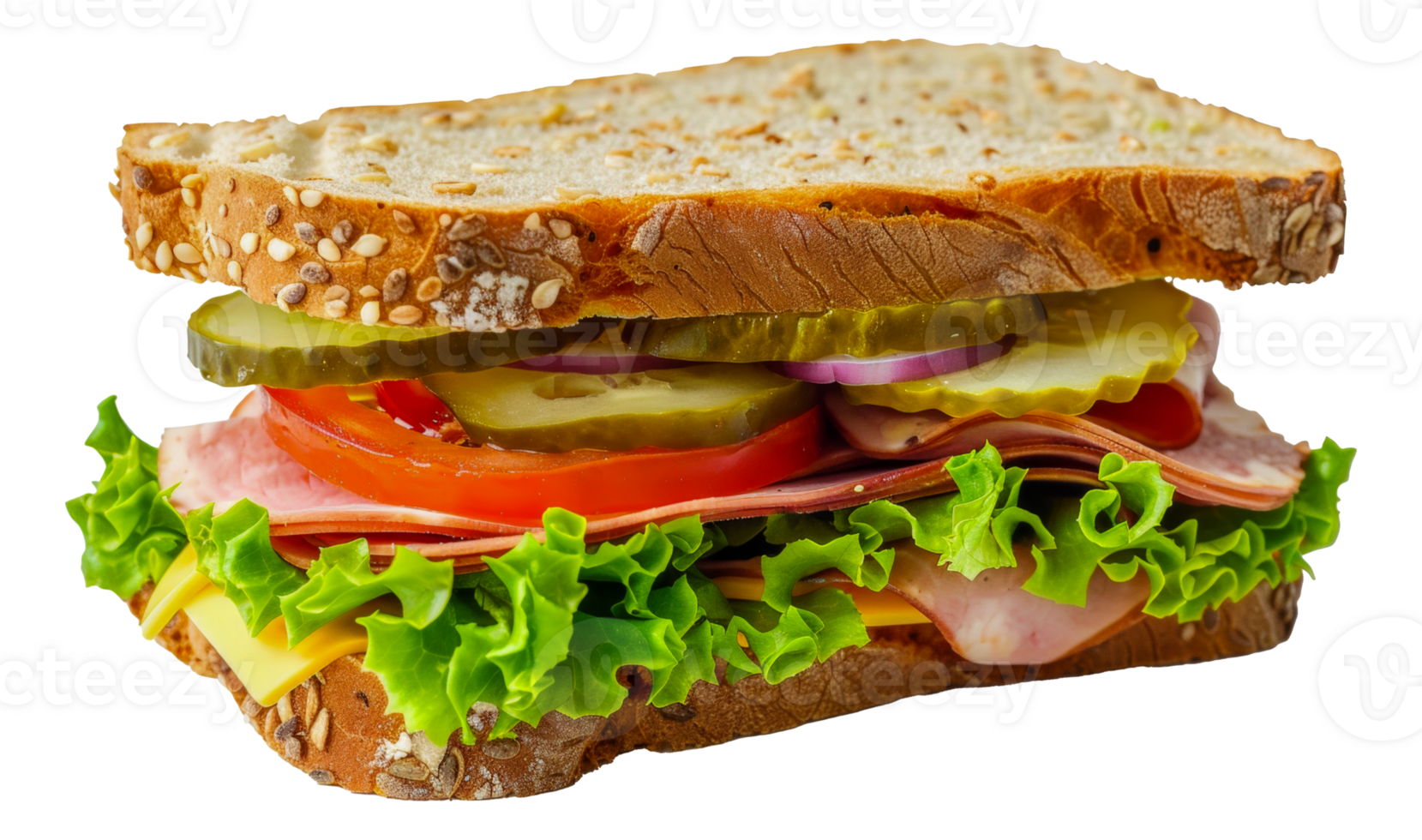 A sandwich with ham, lettuce, tomato, and pickles - stock .. png
