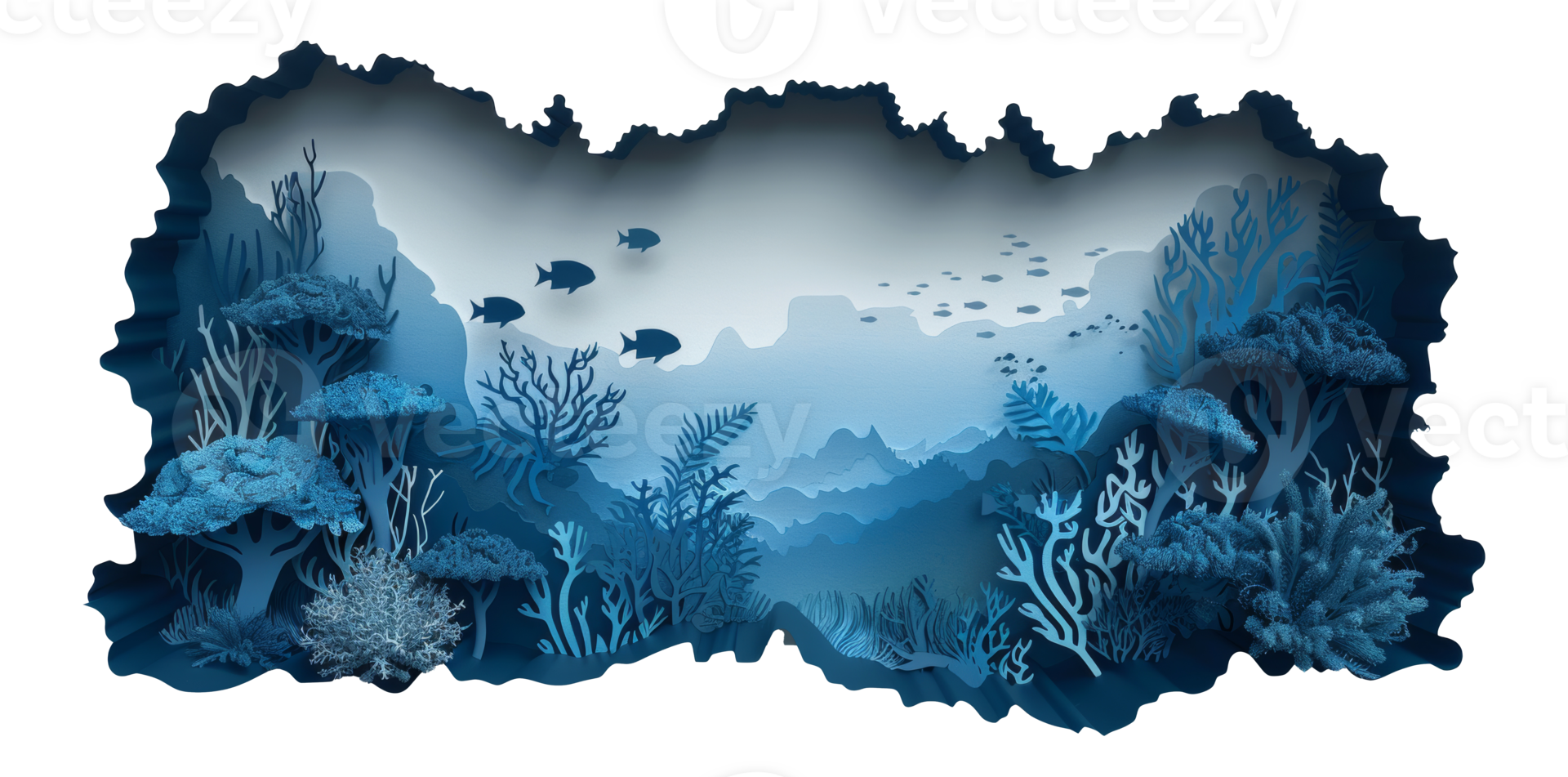 Vibrant paper cut aquarium scene with fish and corals, cut out - stock . png