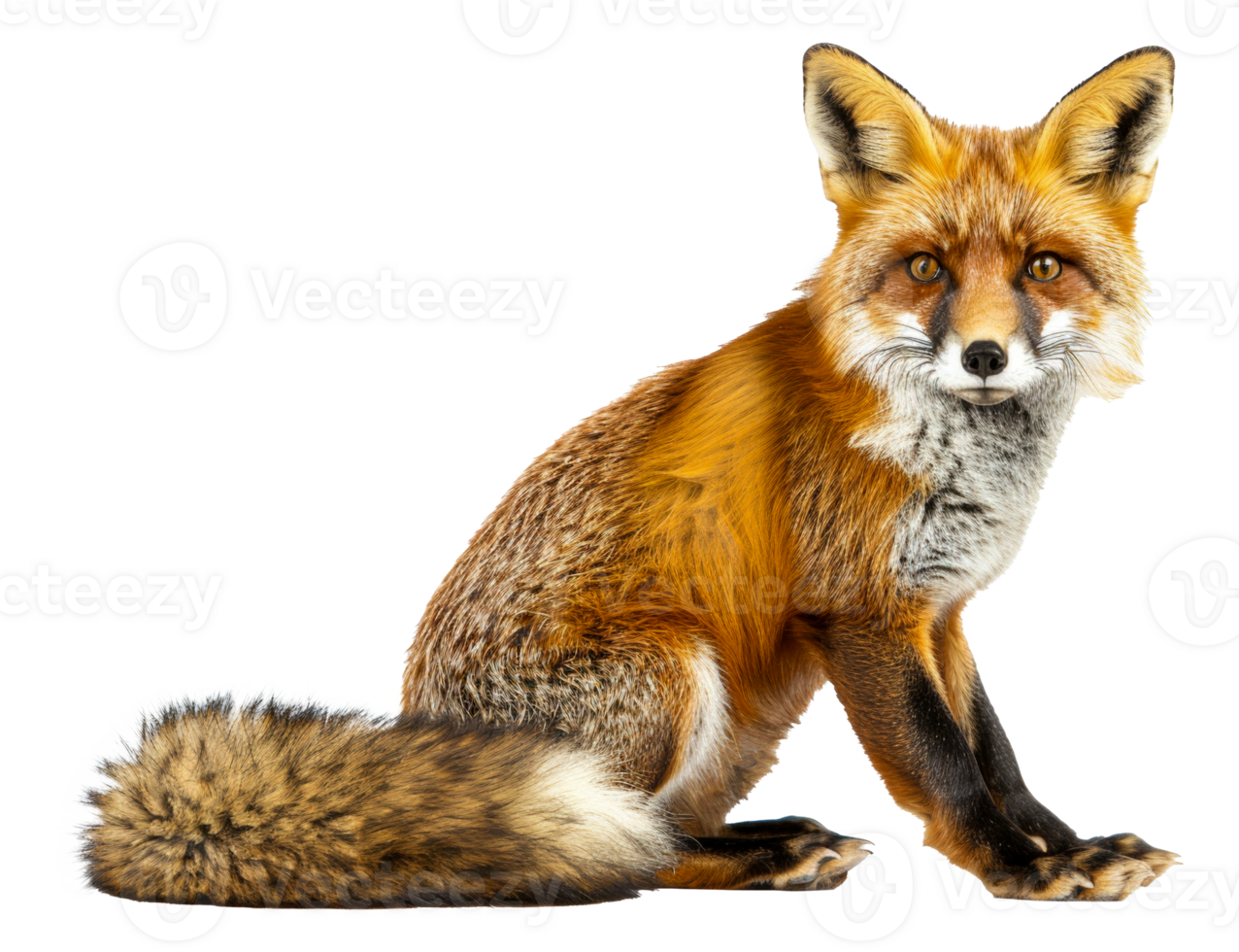 A fox is sitting on the ground with its tail curled up - stock .. png