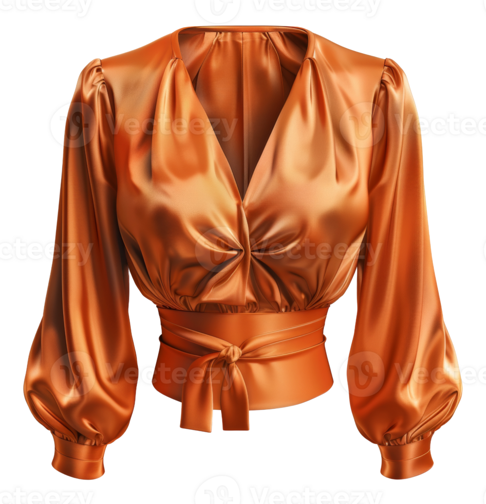 Elegant satin orange blouse with puff sleeves on transparent background - stock . png