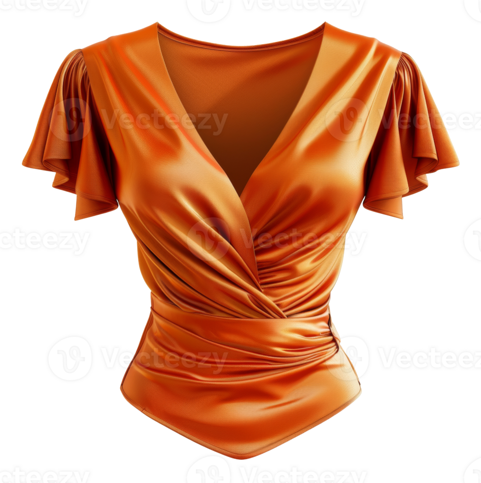 Elegant satin orange blouse with puff sleeves on transparent background - stock . png