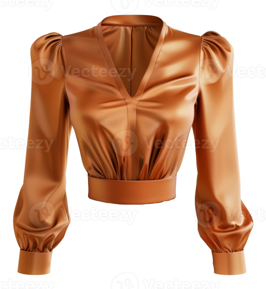 Elegant satin orange blouse with puff sleeves on transparent background - stock . png