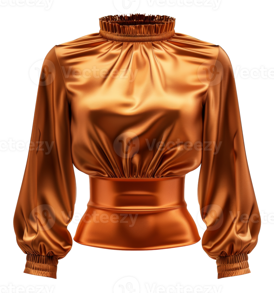 Elegant satin golden blouse with ruffled neck on transparent background - stock .. png
