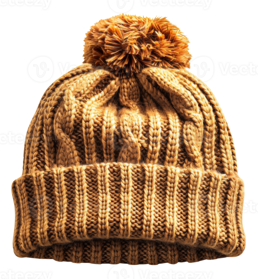 Mustard yellow knitted hat with fluffy pom on top on transparent background - stock .. png