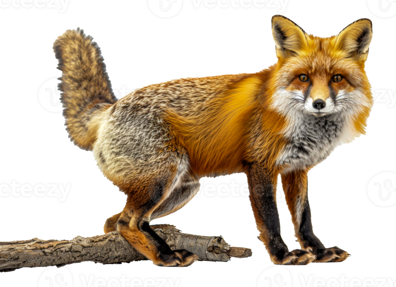 A fox is standing on a branch, looking at the camera - stock . png