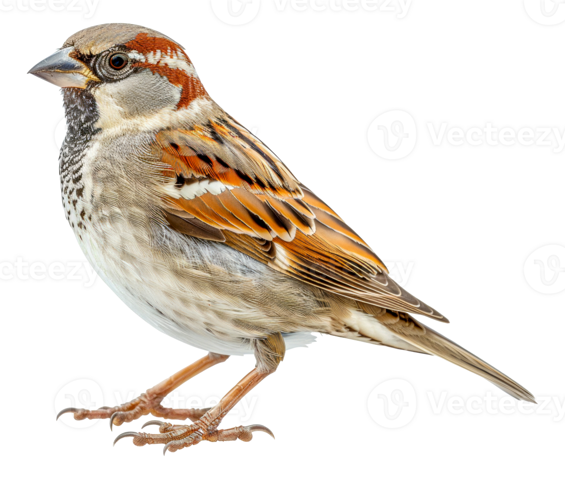 A small brown and white bird with a black beak stands - stock .. png
