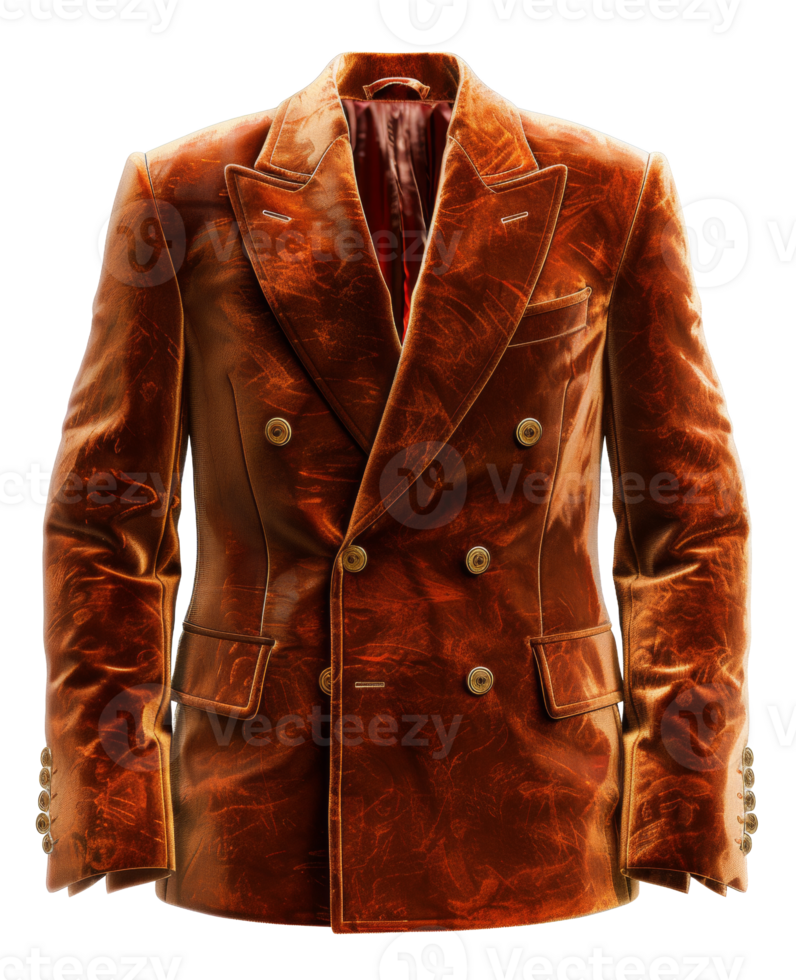 Burnt orange velvet double-breasted blazer with gold buttons on transparent background - stock . png