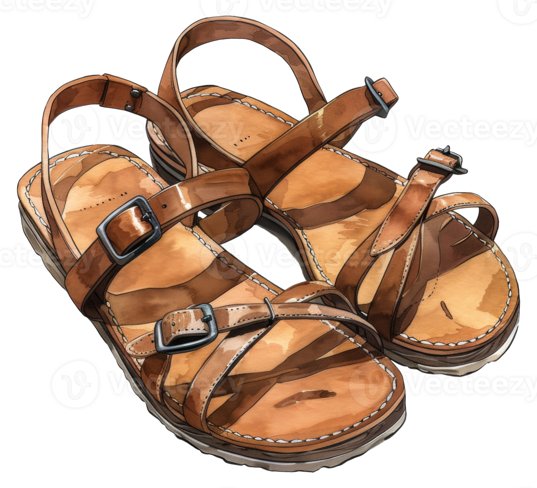 A pair of brown sandals with a strap that goes around the ankle - stock .. png