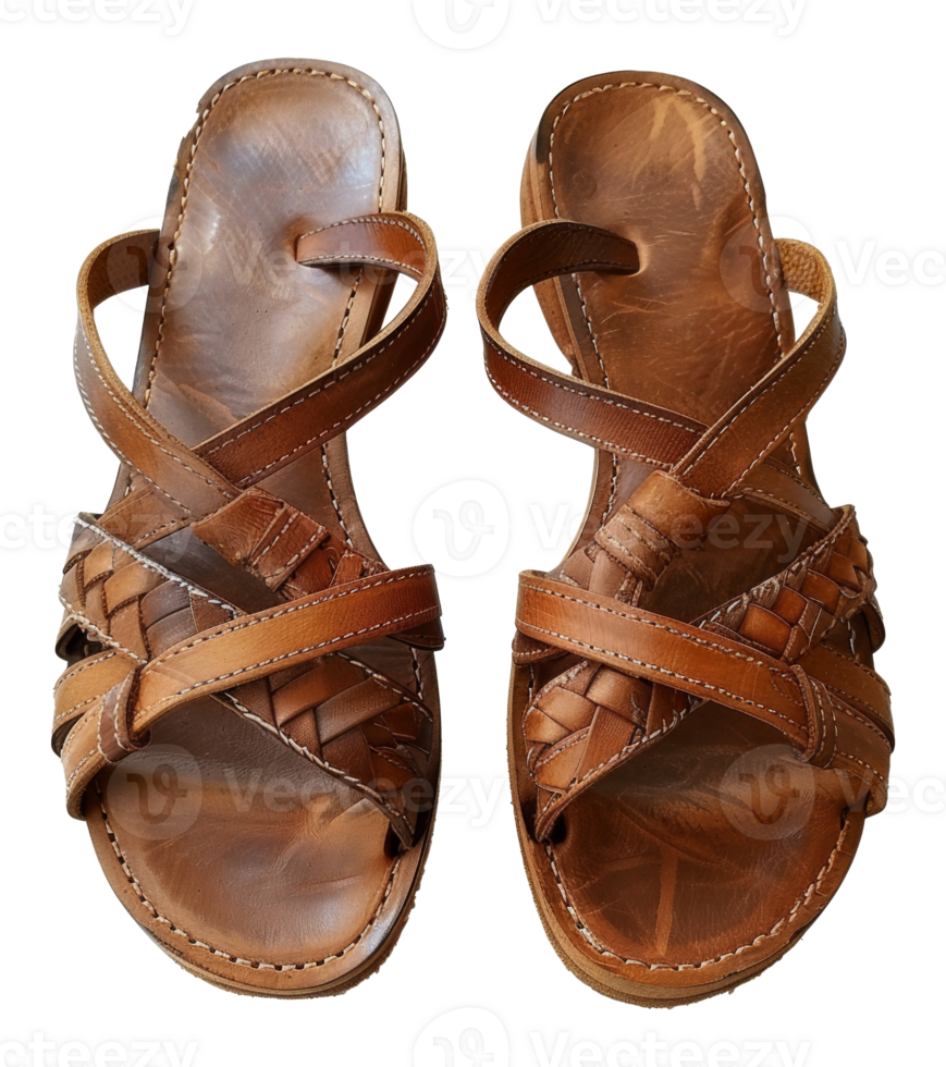 Two brown sandals with a woven design on the straps - stock .. png