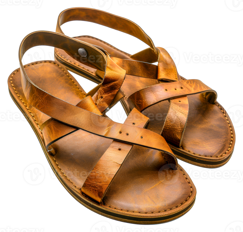 Two brown sandals with a leather strap and a buckle - stock .. png