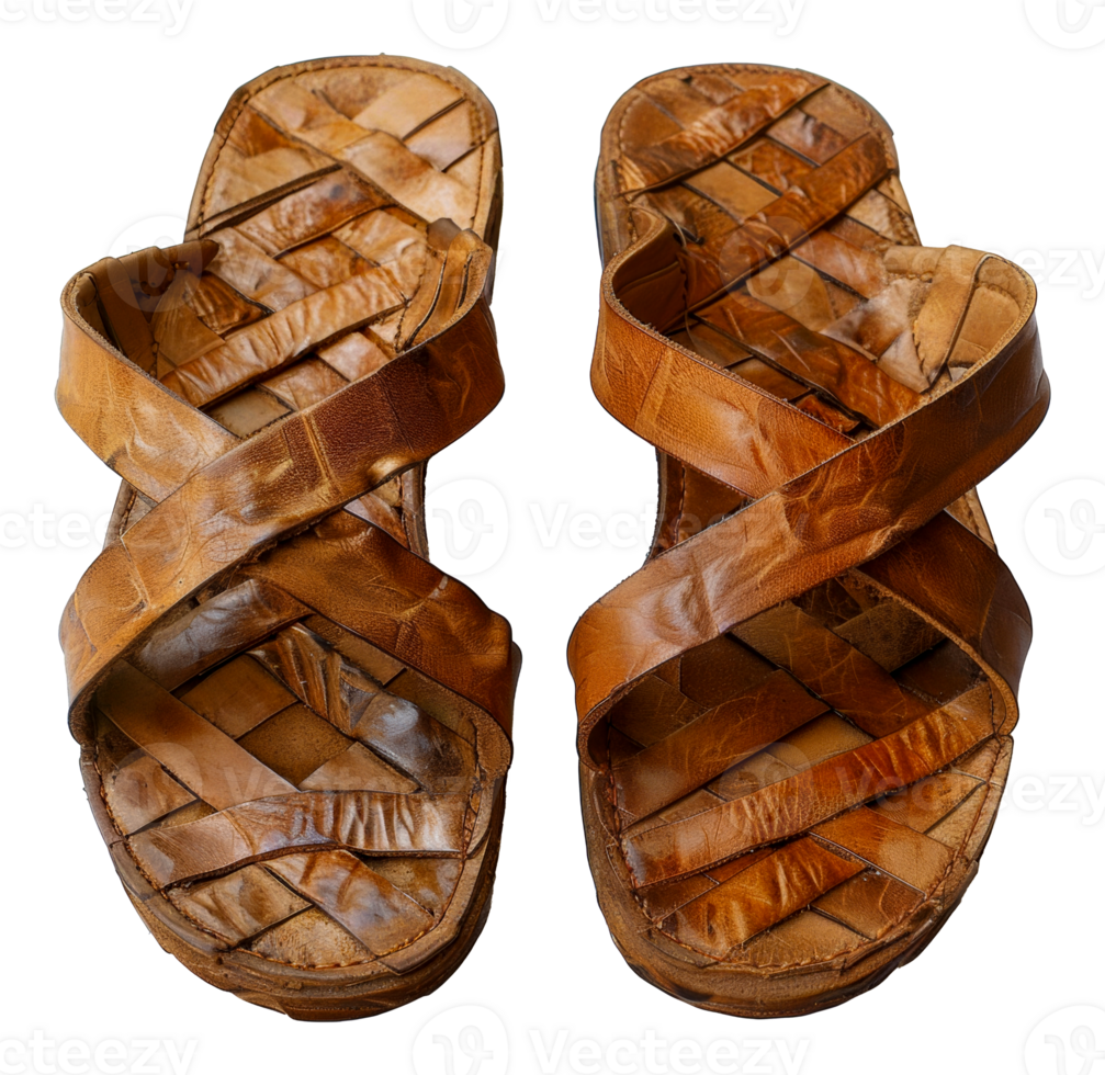 Two brown sandals with a woven design - stock .. png