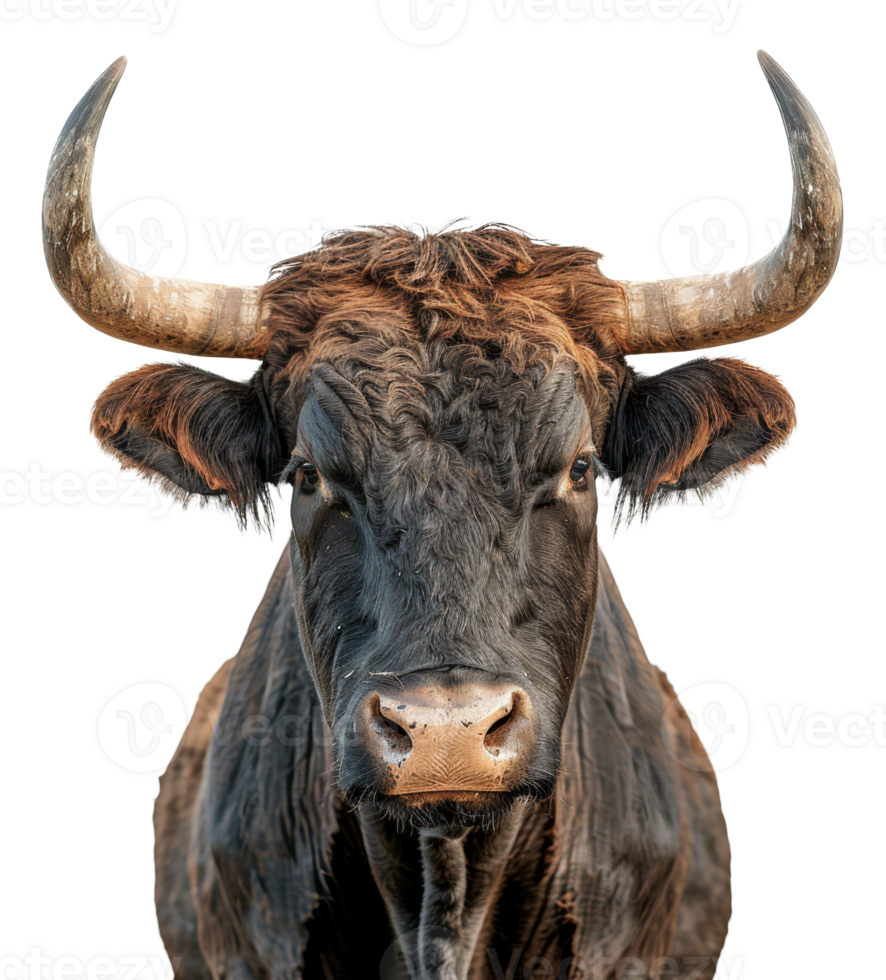 Majestic brown bull with long horns facing forward on transparent background - stock .. png