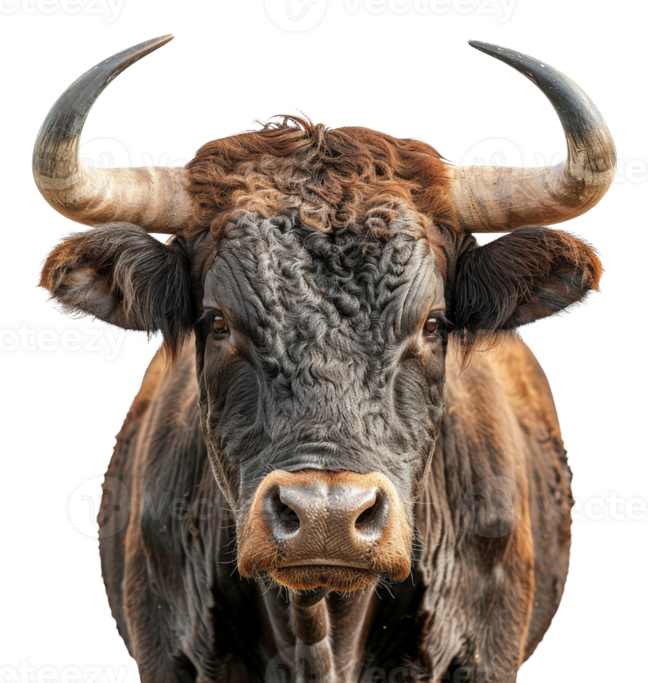 Majestic brown bull with long horns facing forward on transparent background - stock .. png
