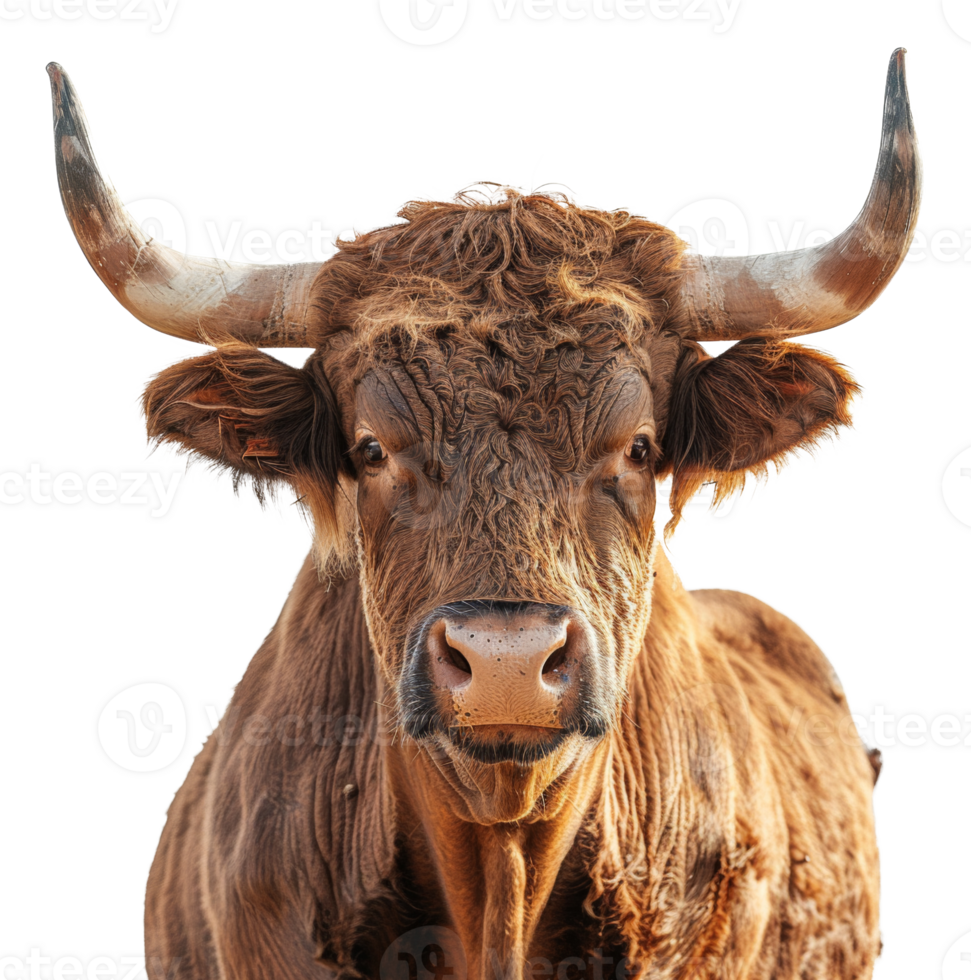 Majestic brown bull with long horns facing forward on transparent background - stock .. png