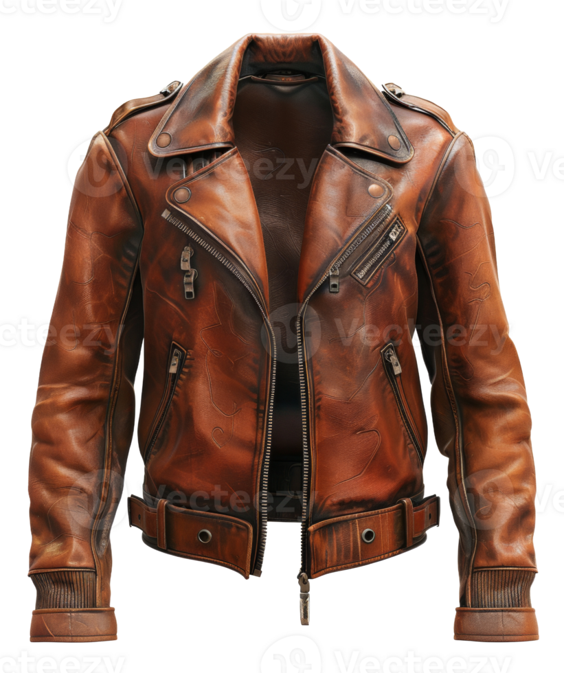 Tan leather motorcycle jacket with zipper details on transparent background - stock . png