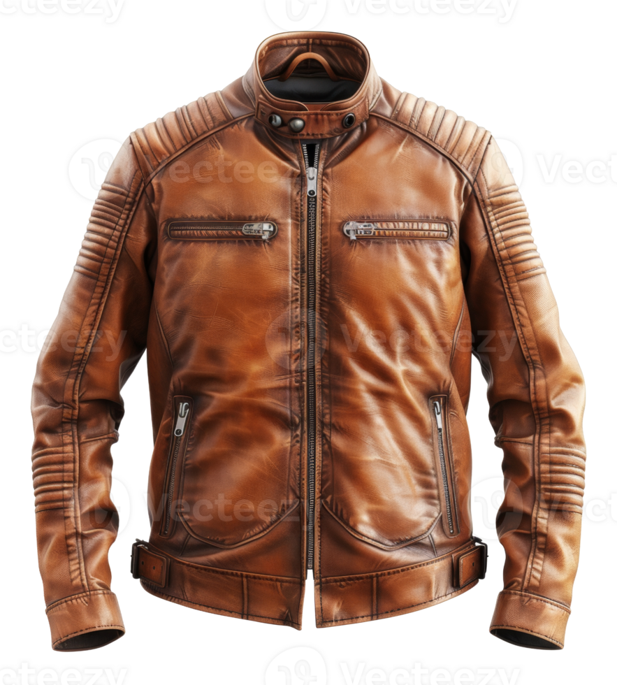 Tan leather motorcycle jacket with zipper details on transparent background - stock . png