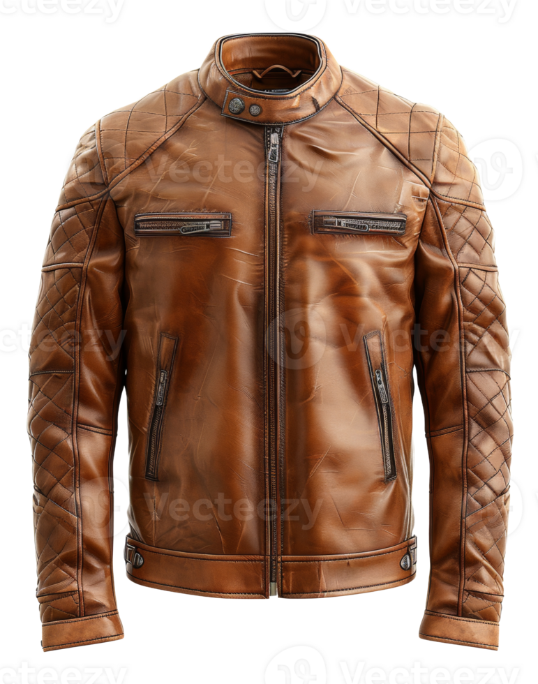 Tan leather motorcycle jacket with zipper details on transparent background - stock . png