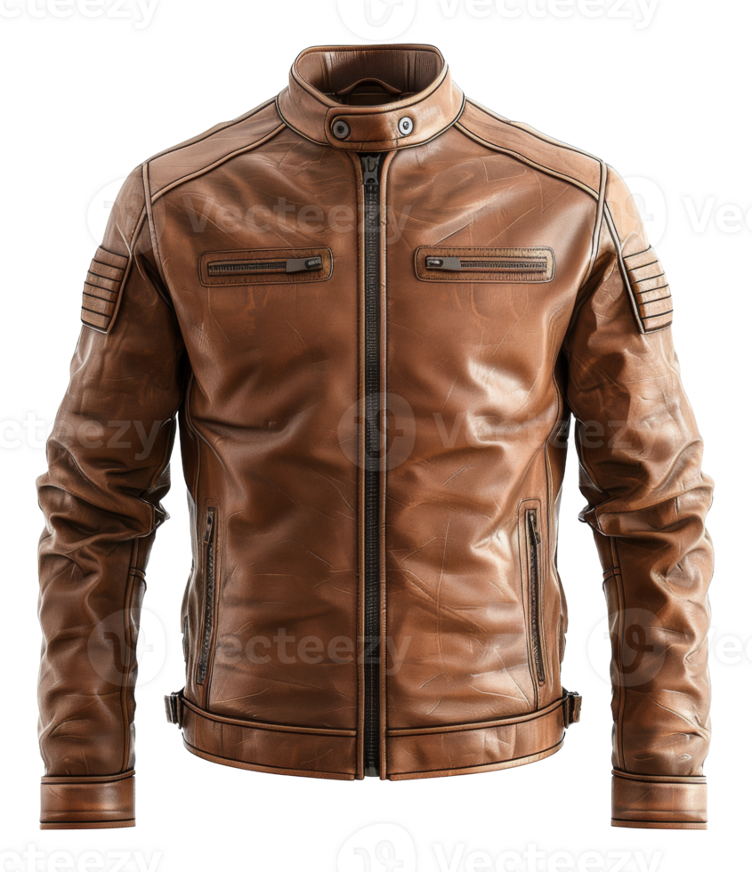 Tan leather motorcycle jacket with zipper details on transparent background - stock . png