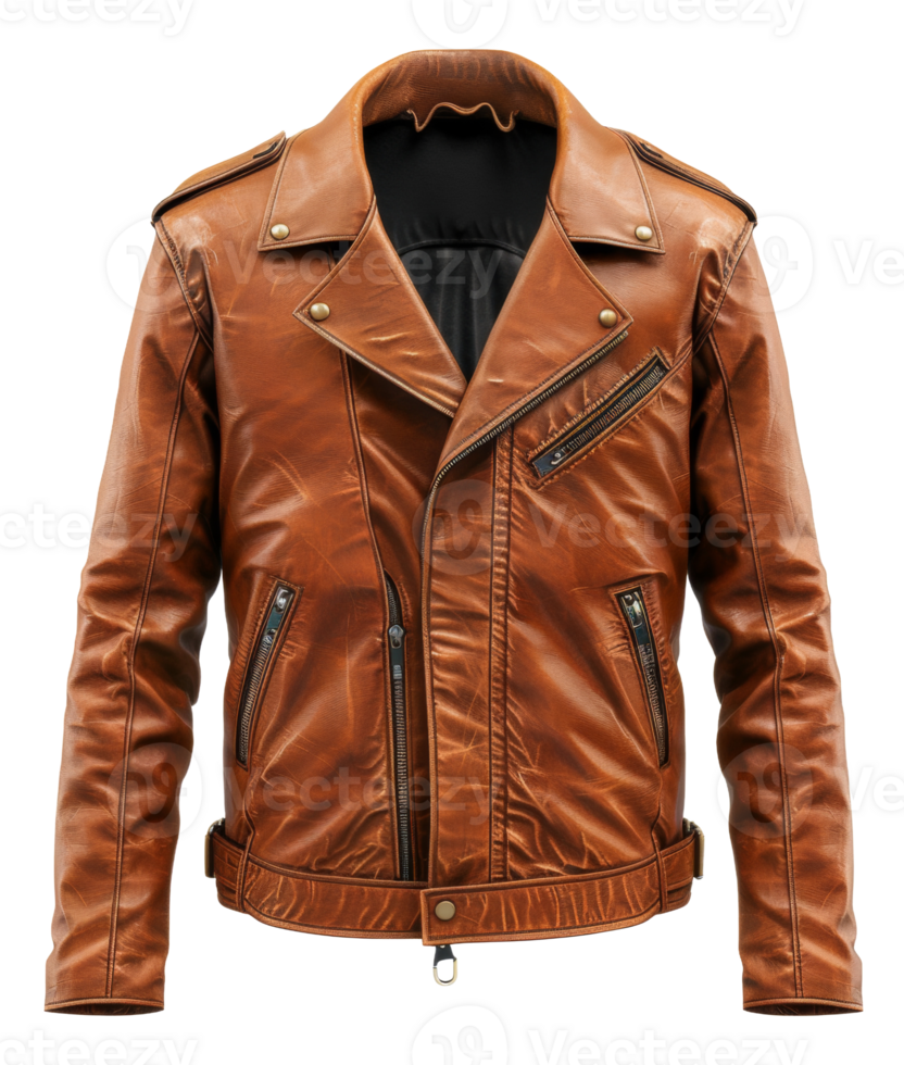 Rustic orange leather biker jacket with vintage finish on transparent background - stock .. png
