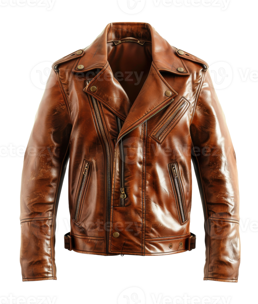 Tan leather motorcycle jacket with zipper details on transparent background - stock . png