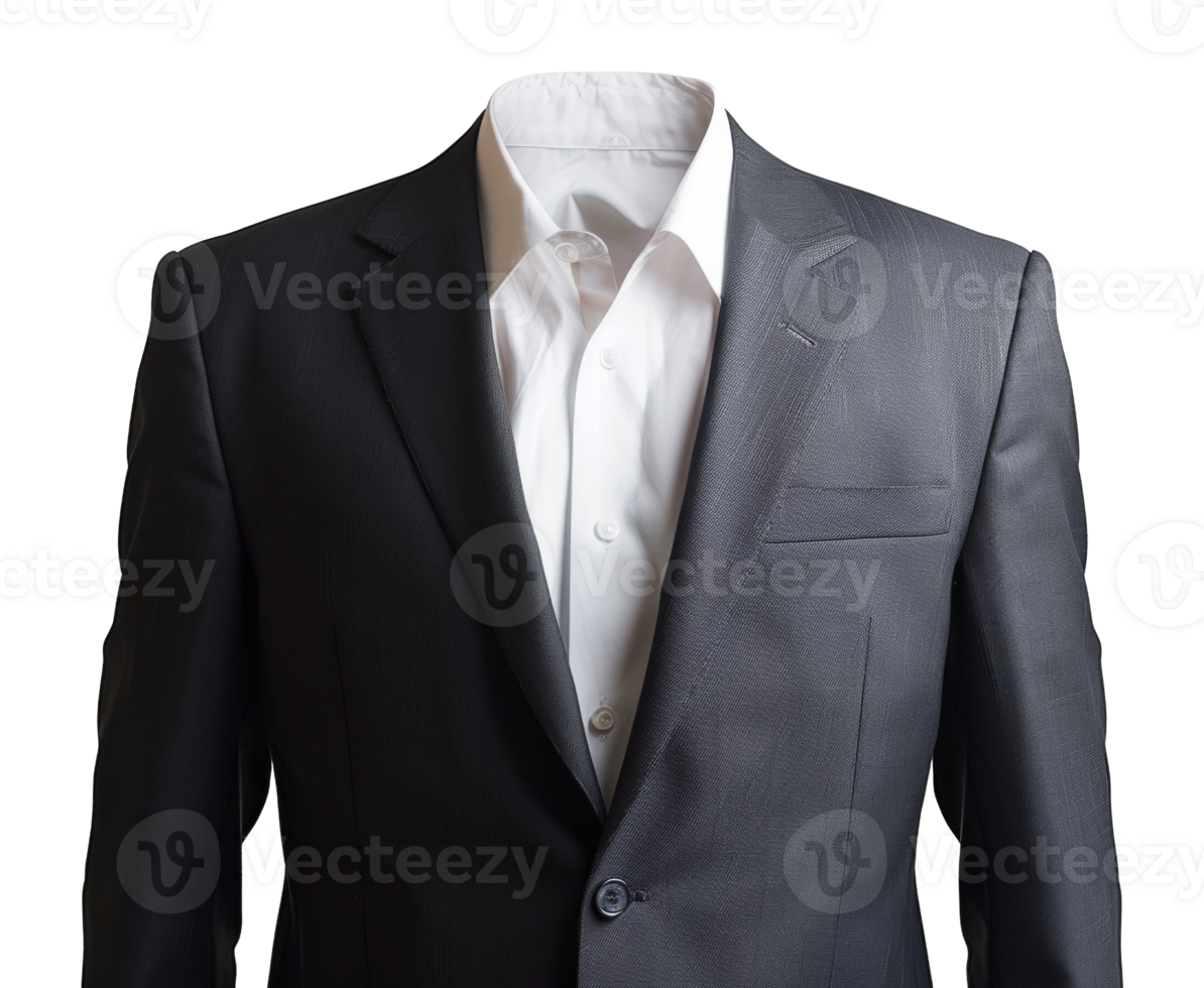 A man's suit jacket is shown with the collar and sleeves rolled up - stock .. png