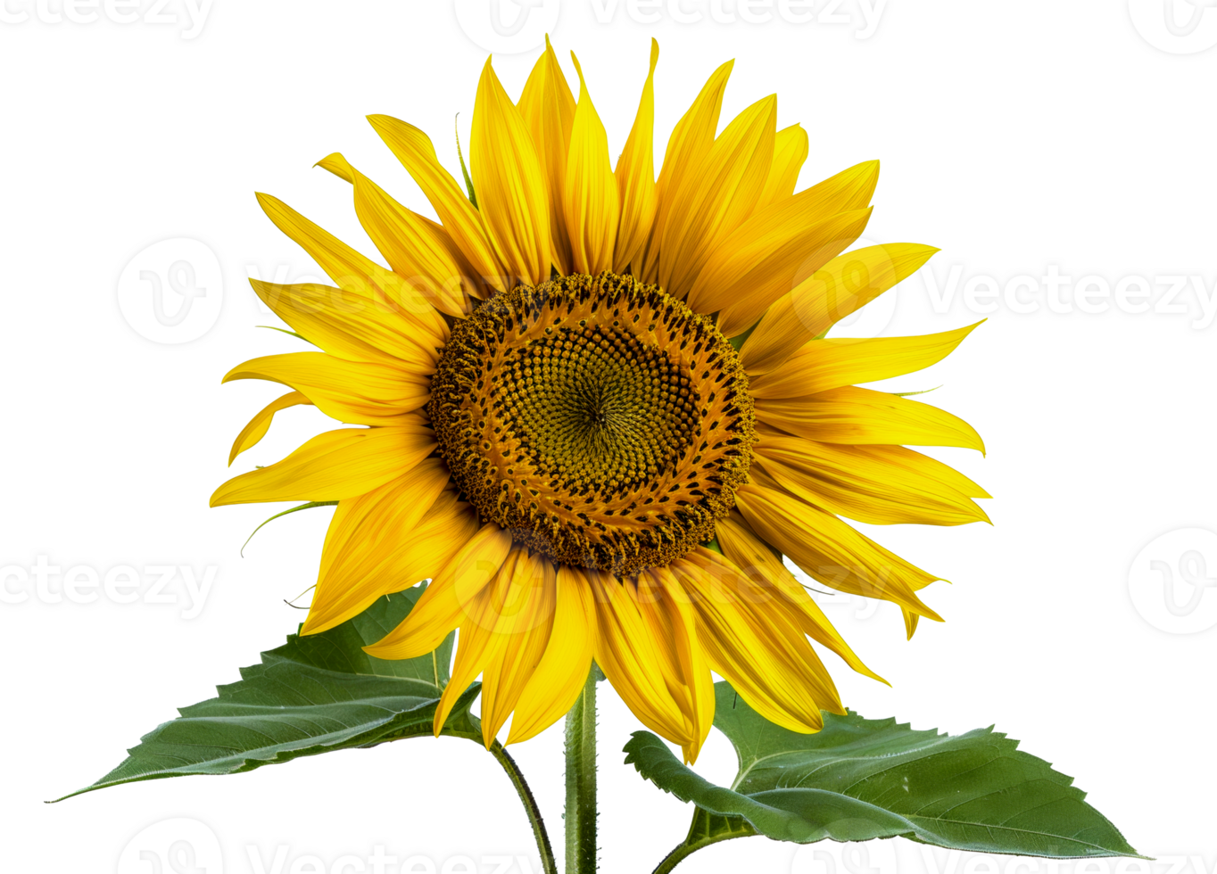 A large yellow sunflower with a green stem and leaves - stock .. png