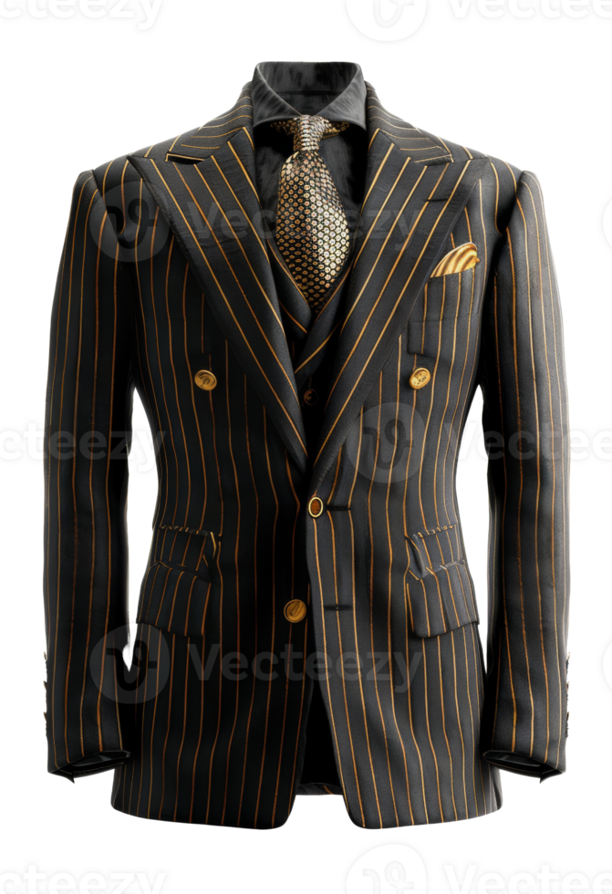 Black pinstripe suit jacket with peak lapel for business on transparent background - stock . png