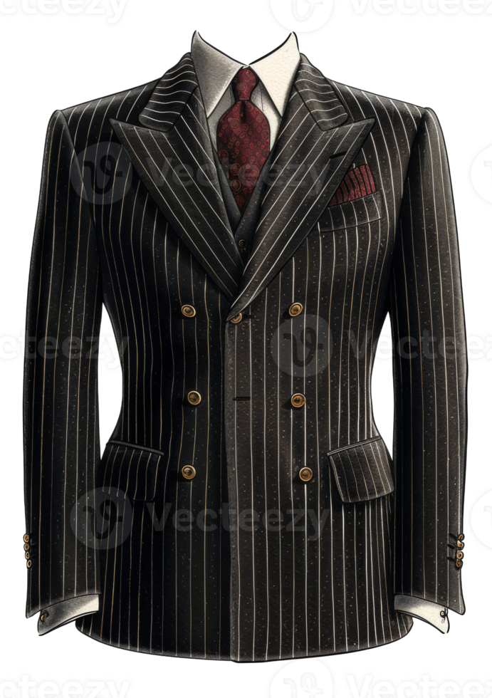 Black pinstripe suit jacket with peak lapel for business on transparent background - stock . png