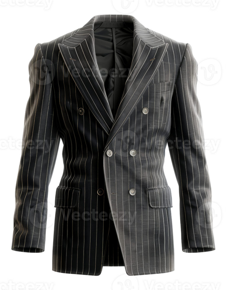 Black pinstripe suit jacket with peak lapel for business on transparent background - stock . png