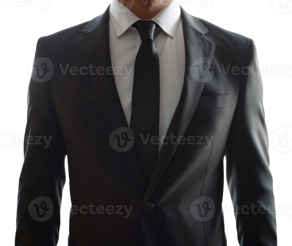 A man in a black suit and white shirt with a black tie - stock .. png