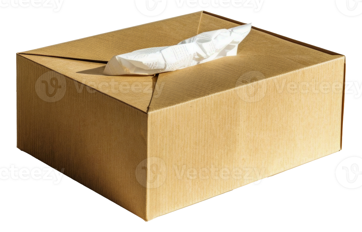 A brown cardboard box with a white tissue inside - stock .. png
