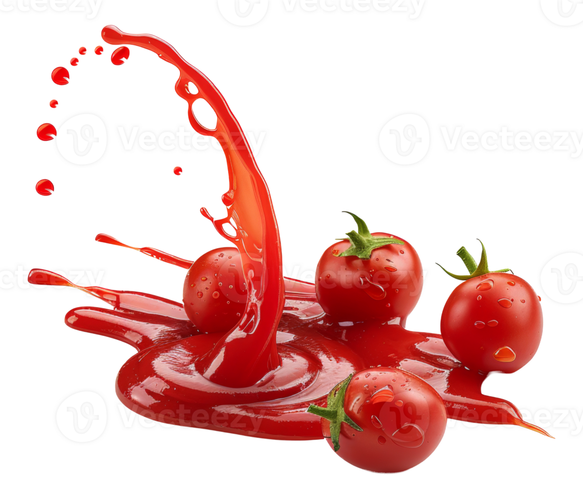 Fresh ripe tomatoes with a splash of red sauce on transparent background - stock .. png