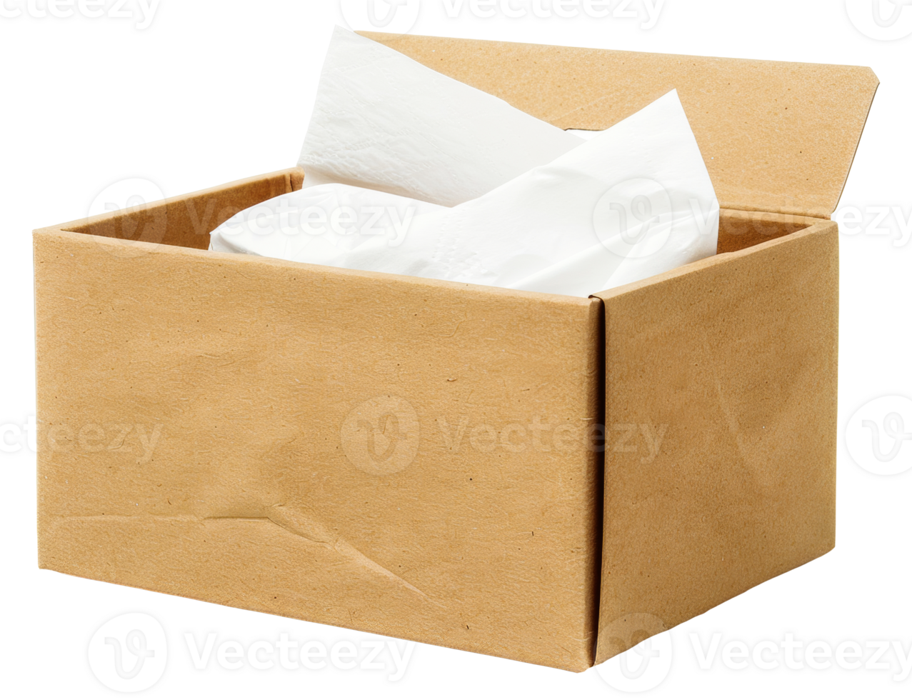 A brown cardboard box with white tissue paper inside - stock .. png